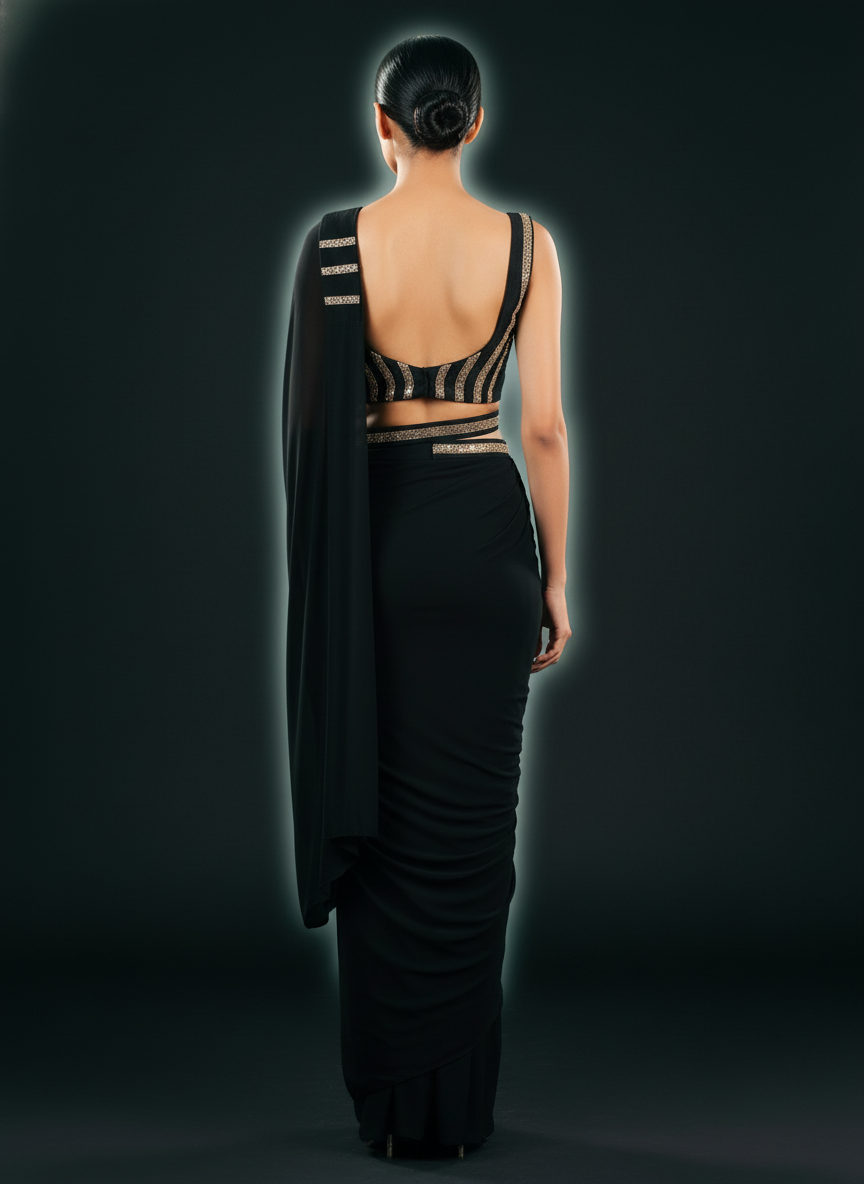 Ready To Wear Black chiffon  solid Saree