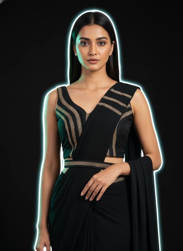 Ready To Wear Black chiffon  solid Saree