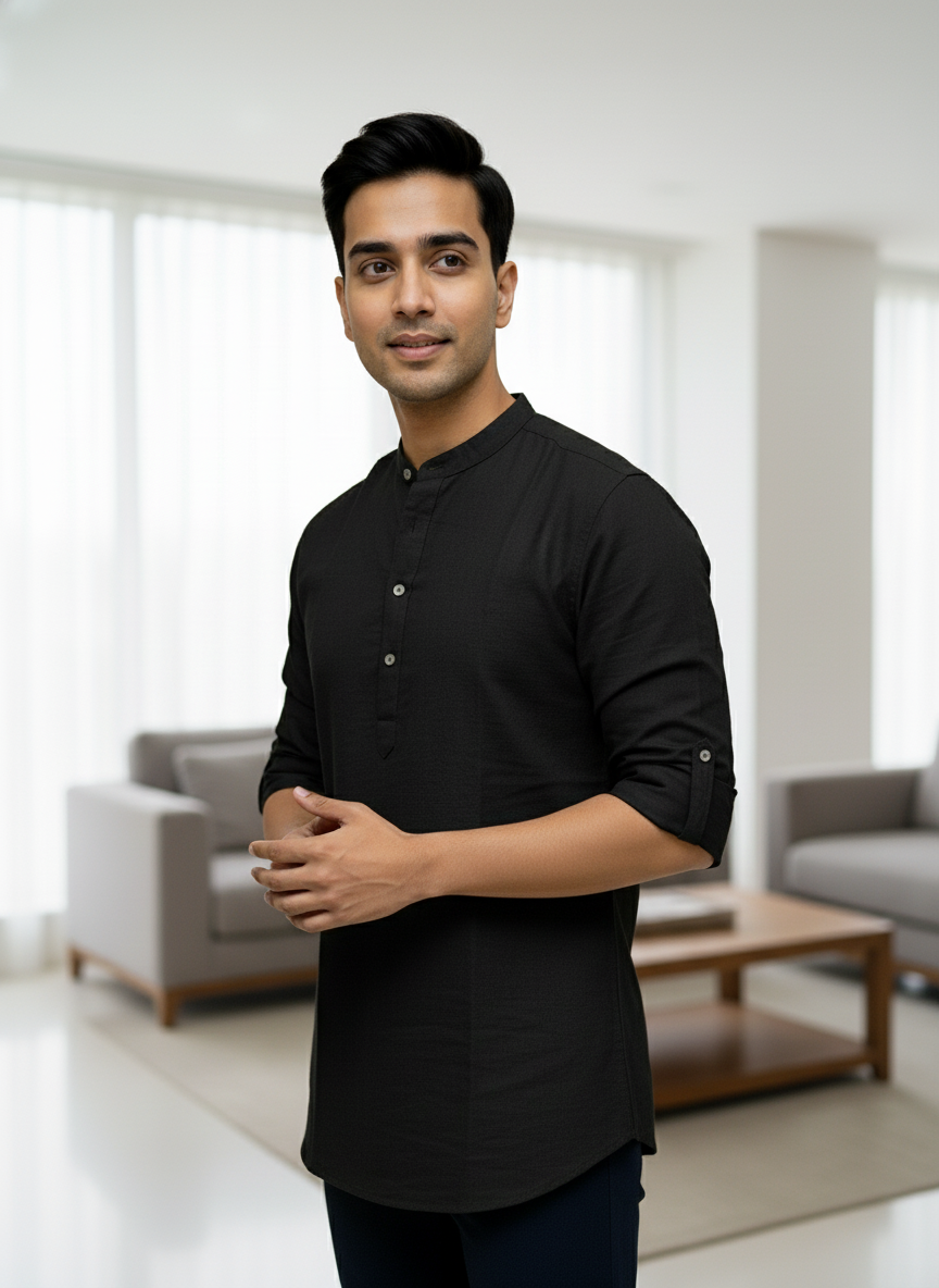 Men's Textured Cotton Short Kurta | Roll-Up Sleeves | 162