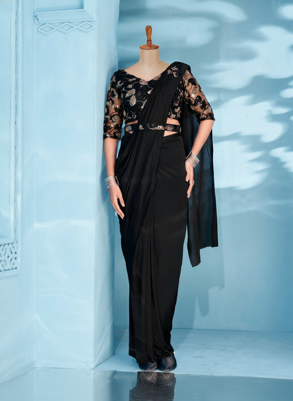 Black 1-Minute Ready-to-Wear Saree | Pre-Stitched Pleated Saree