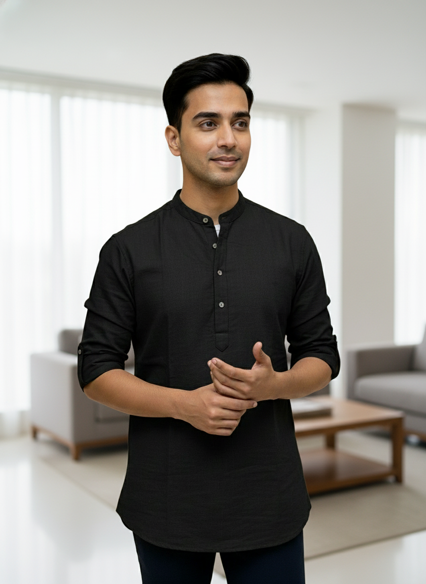 Men's Textured Cotton Short Kurta | Roll-Up Sleeves | 162