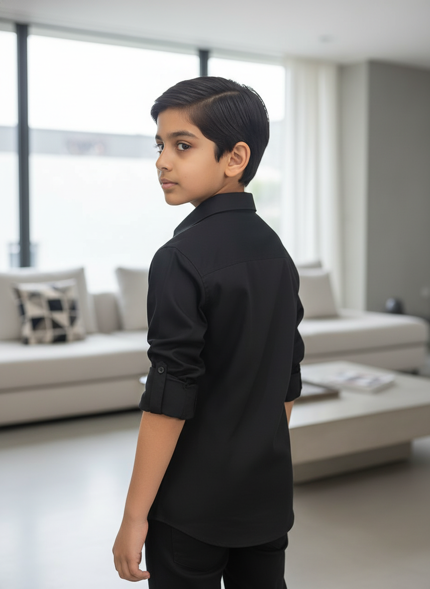 Boys Black Linen-Look Shirt-7301