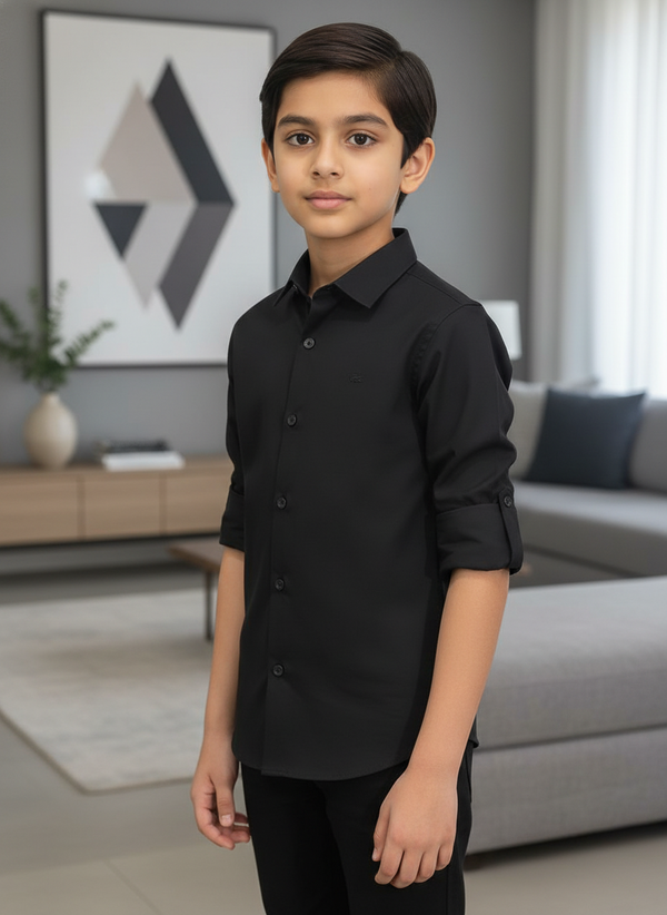 Boys Black Linen-Look Shirt-7301