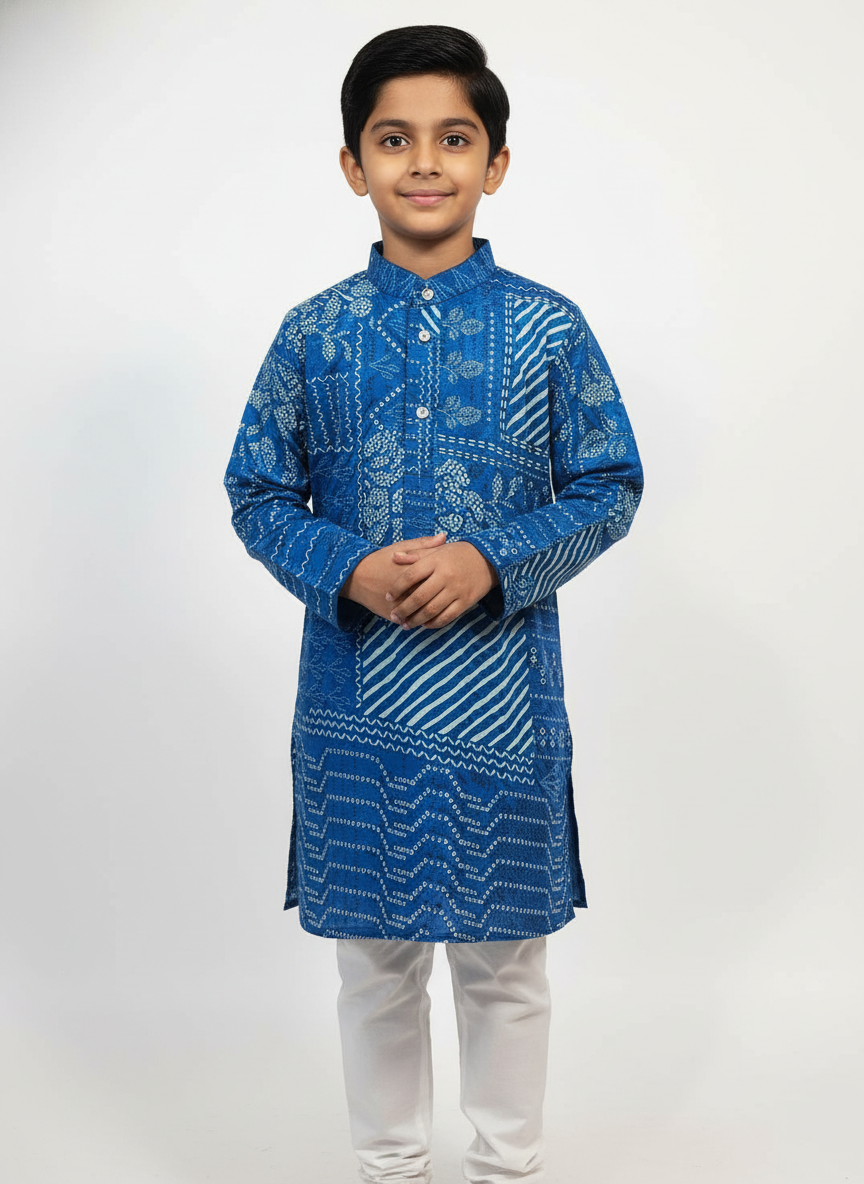 Boys' Blue Printed Kurta Pajama Set | Festive Ethnic Wear