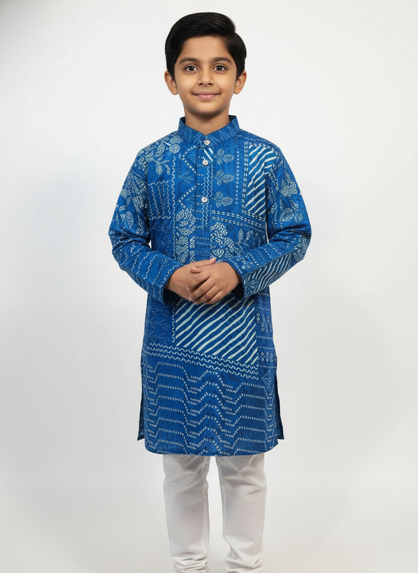 Boys' Blue Printed Kurta Pajama Set | Festive Ethnic Wear