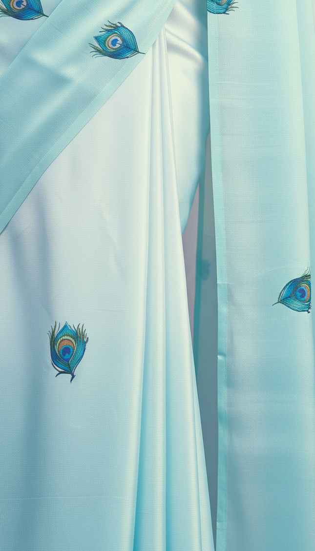 Sky Blue Semi Dola Silk Saree ready pallu .