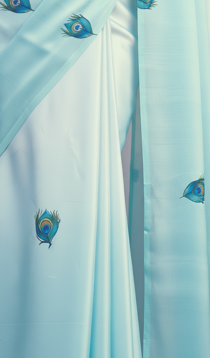 Sky Blue Semi Dola Silk Saree ready pallu .