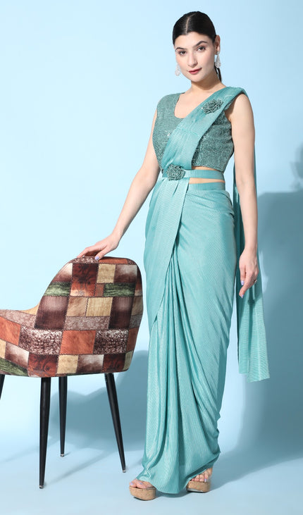 Blue Ready-to-Wear Saree with Stitched Blouse