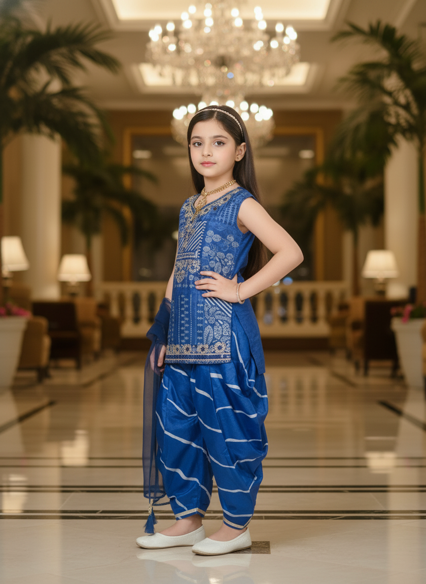 Patiala Suit with Digital Print | Blue and pink