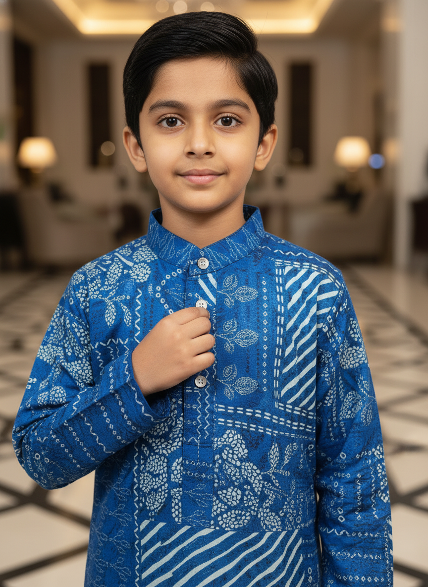 Boys' Blue Printed Kurta Pajama Set | Festive Ethnic Wear