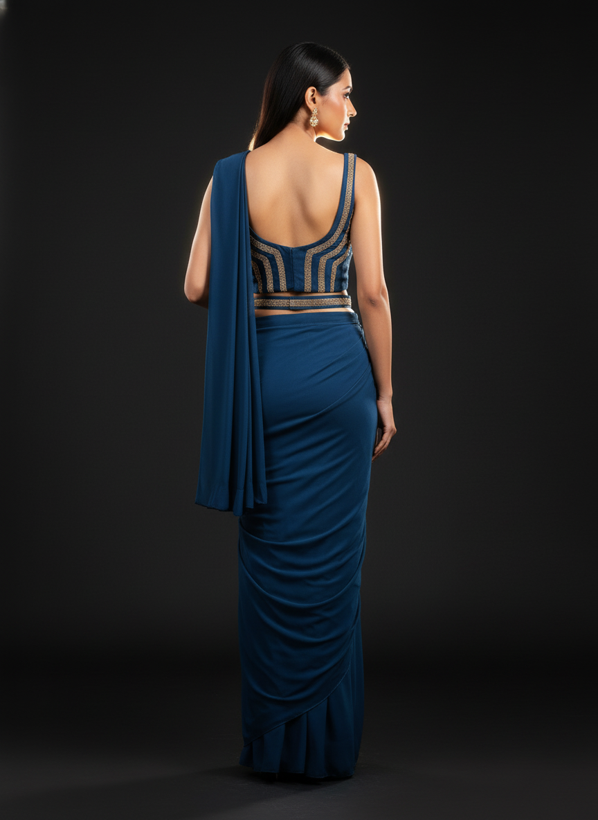 Ready To Wear Peacock blue chiffon solid Saree