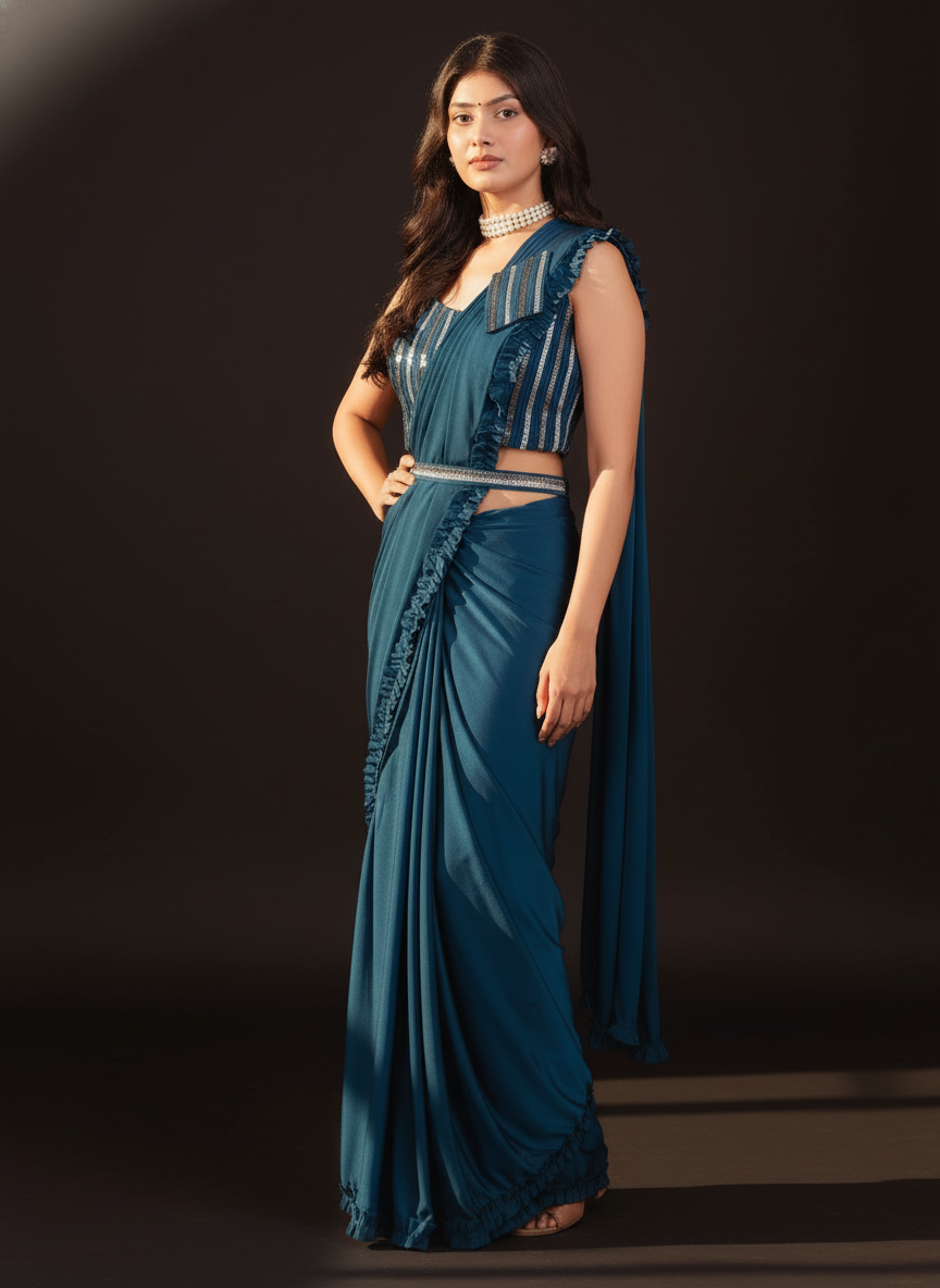 Elegan blue  Ready-to-Wear Saree for Weddings | Instant Festive Drape