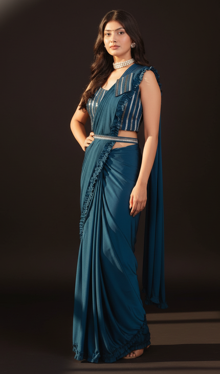 Navy Ready-to-Wear Saree with Stitched Blouse