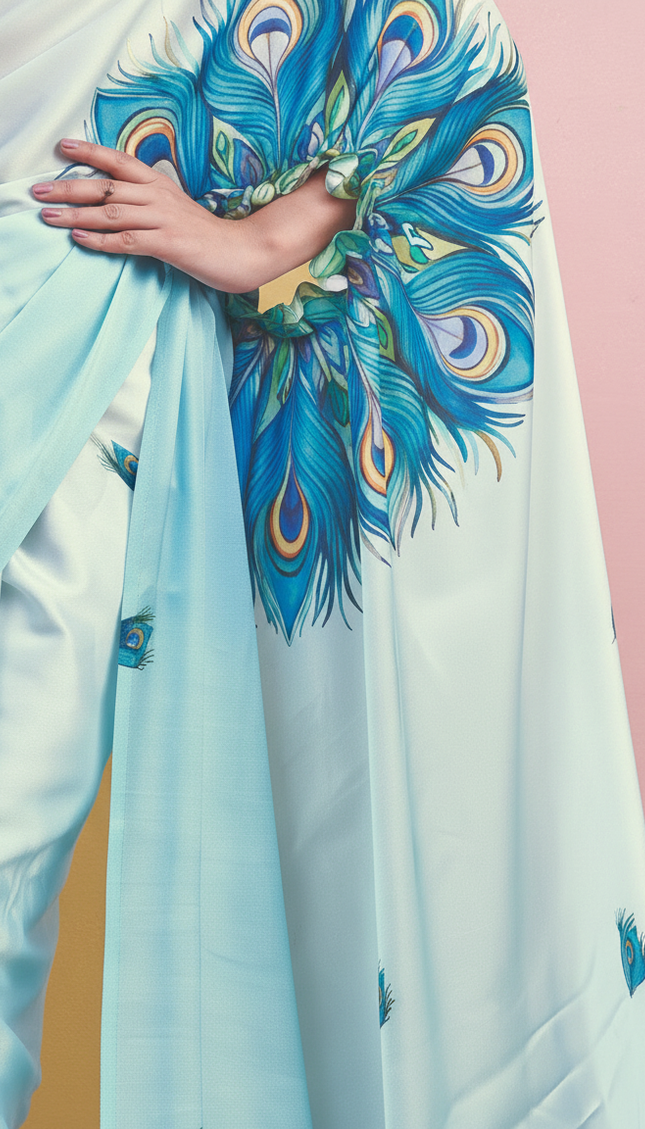 Sky Blue Semi Dola Silk Saree ready pallu .