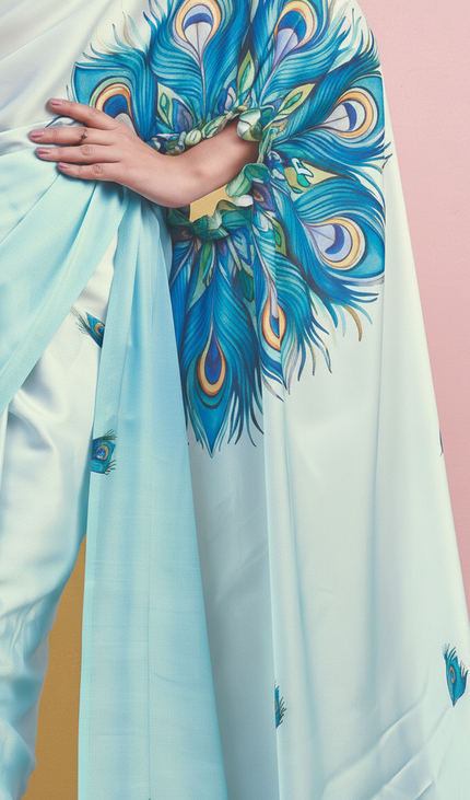Sky Blue Semi Dola Silk Saree ready pallu .