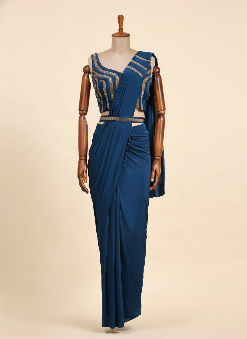 Ready To Wear Peacock blue chiffon solid Saree