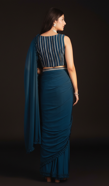 Navy Ready-to-Wear Saree with Stitched Blouse