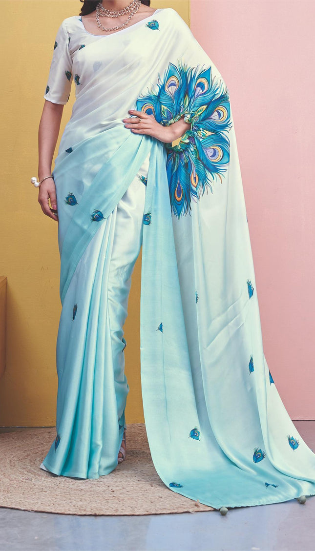 Sky Blue Semi Dola Silk Saree ready pallu .