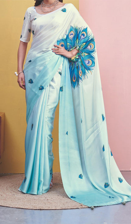 Sky Blue Semi Dola Silk Saree ready pallu .