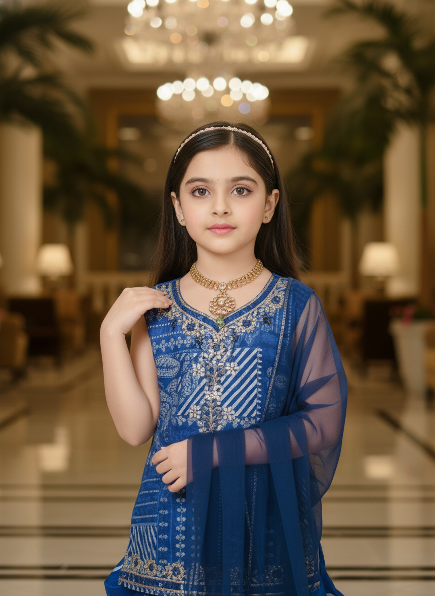 Patiala Suit with Digital Print | Blue and pink