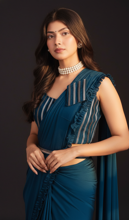 Navy Ready-to-Wear Saree with Stitched Blouse