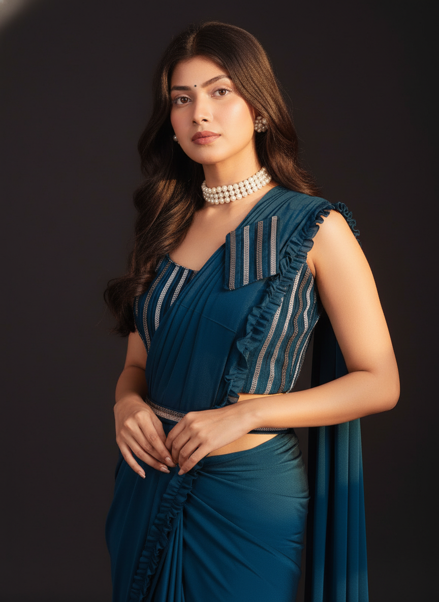 Elegan blue  Ready-to-Wear Saree for Weddings | Instant Festive Drape