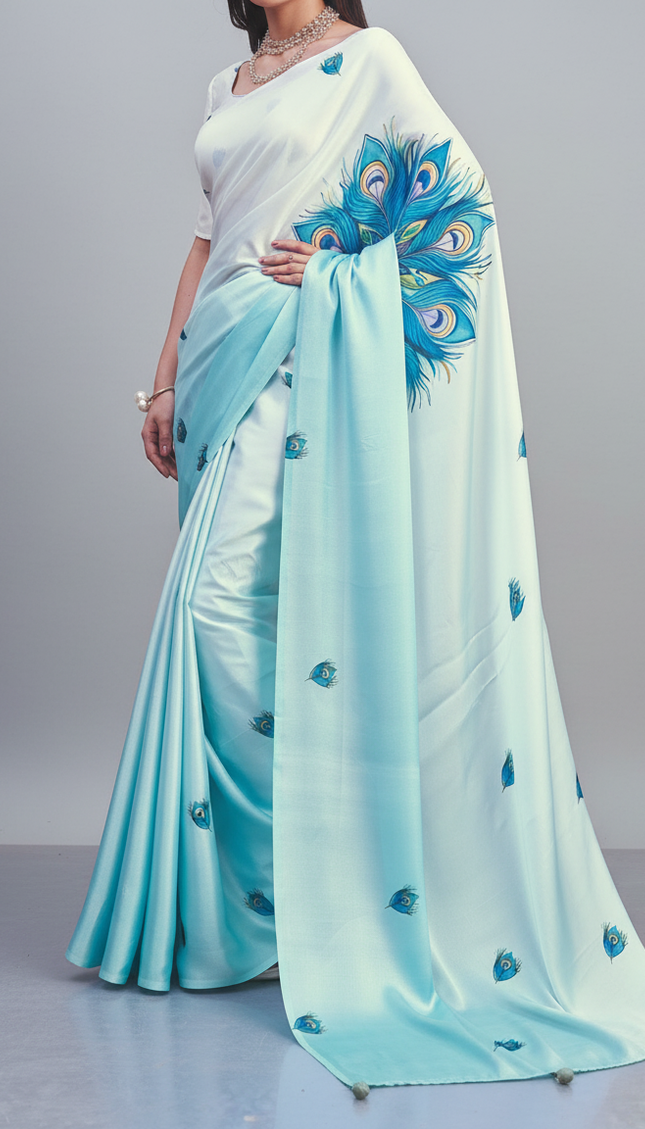 Sky Blue Semi Dola Silk Saree ready pallu .