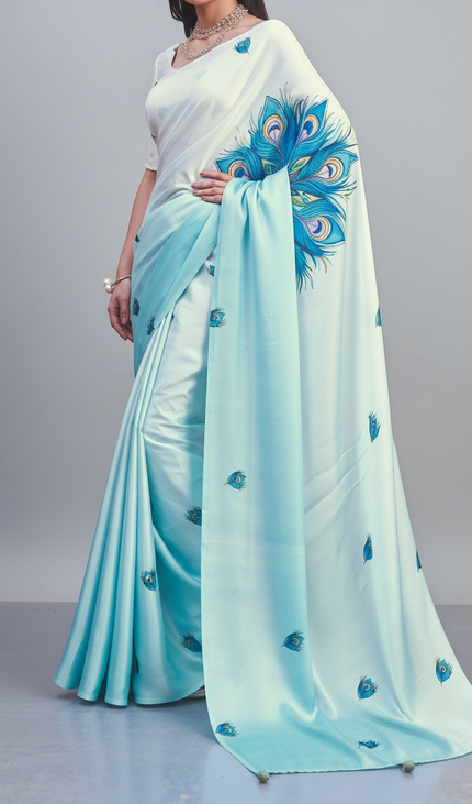 Sky Blue Semi Dola Silk Saree ready pallu .