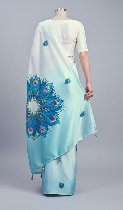 Sky Blue Semi Dola Silk Saree ready pallu .