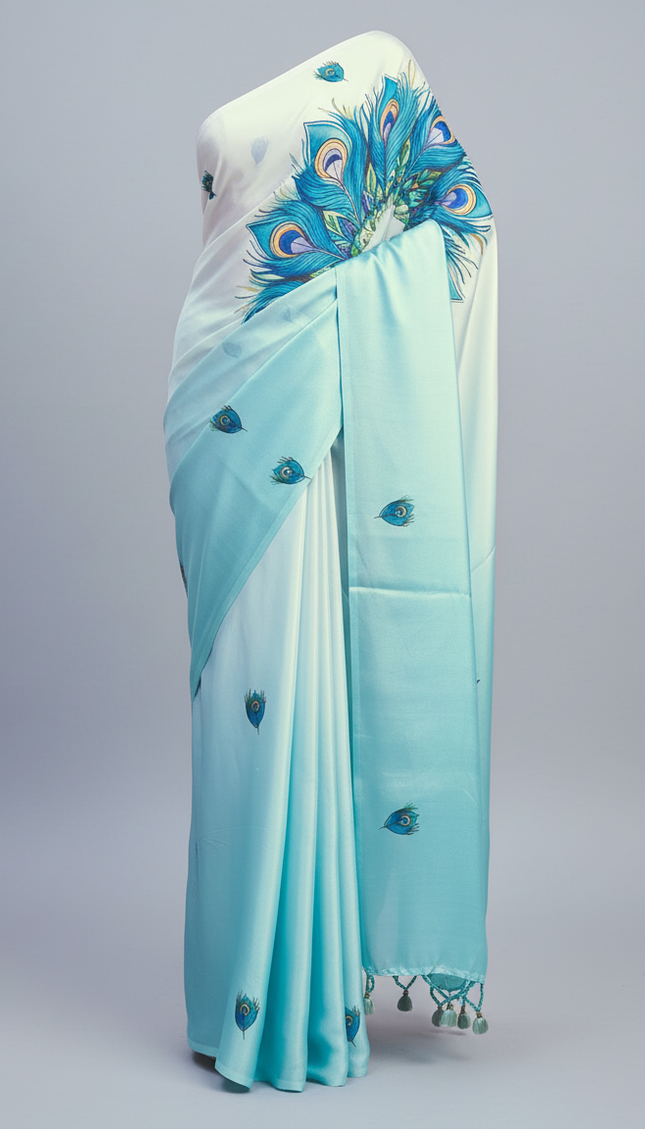 Sky Blue Semi Dola Silk Saree ready pallu .