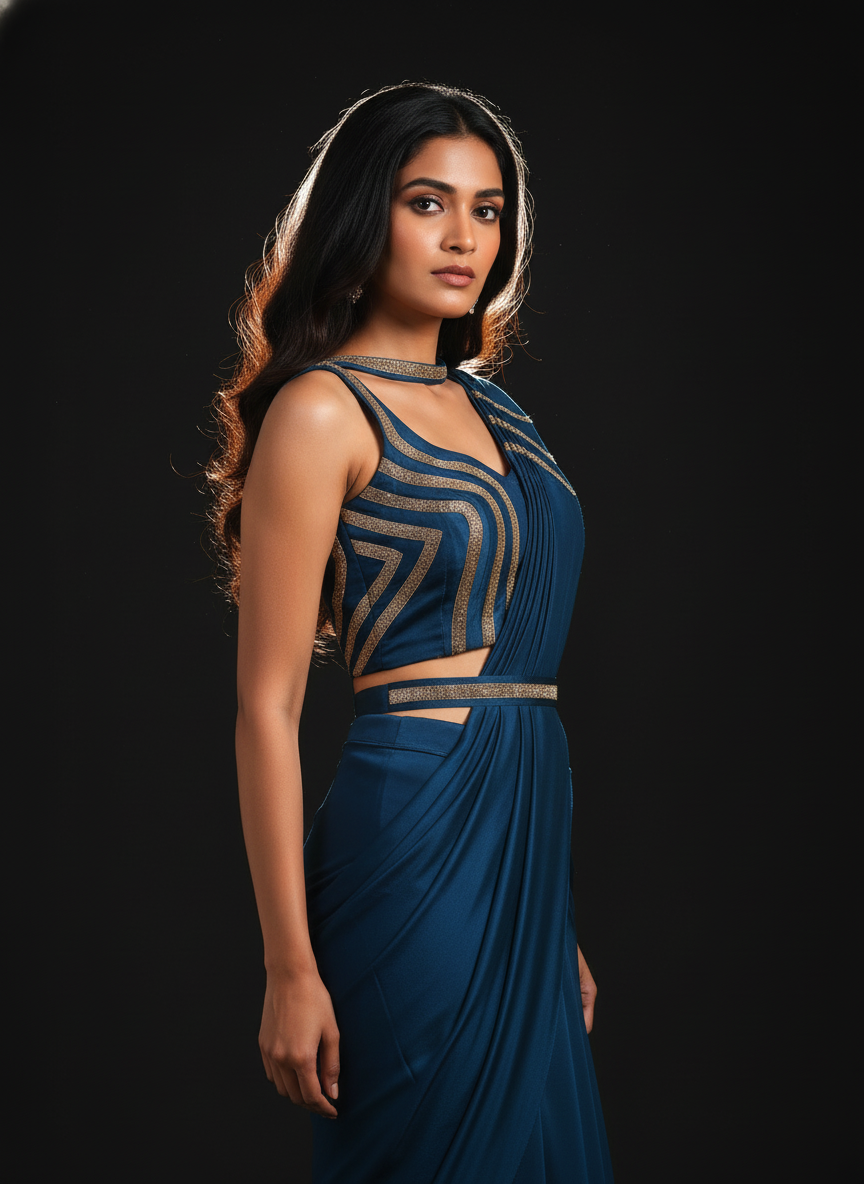 Ready To Wear Peacock blue chiffon solid Saree