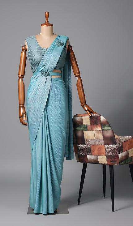 Blue Ready-to-Wear Saree with Stitched Blouse
