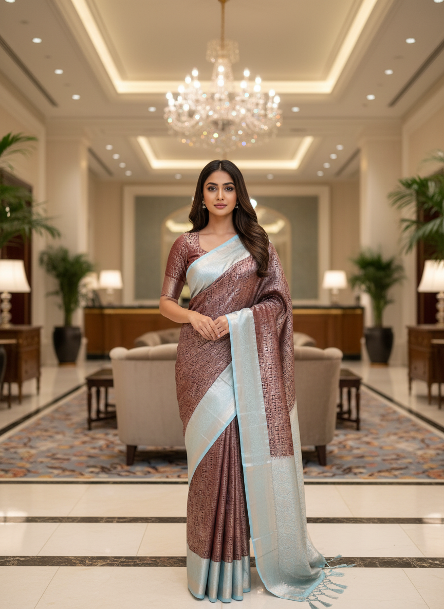 Brown Kanchipuram Silk Saree With Butta Design| AS-00128