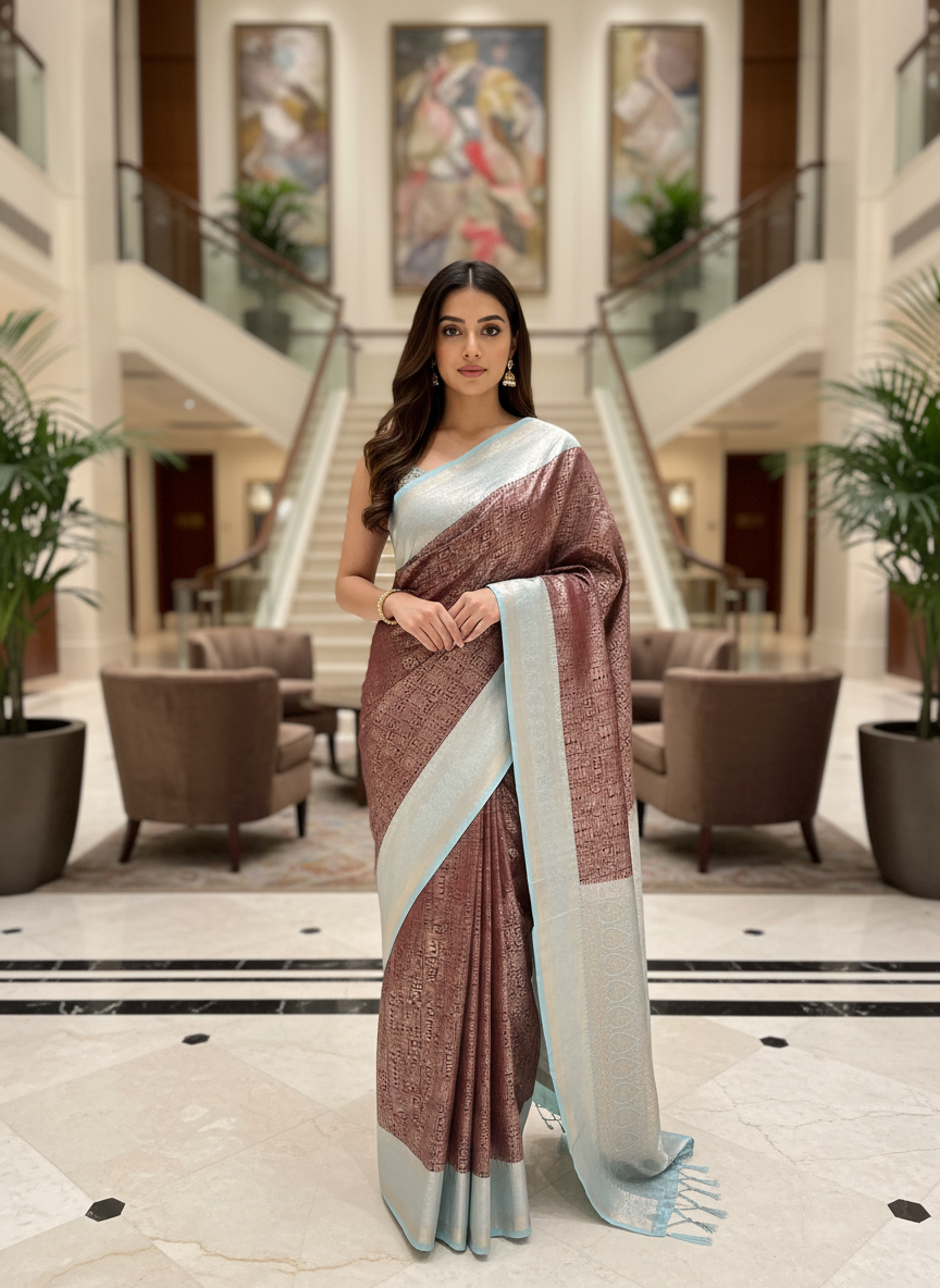 Brown Kanchipuram Silk Saree With Butta Design| AS-00128