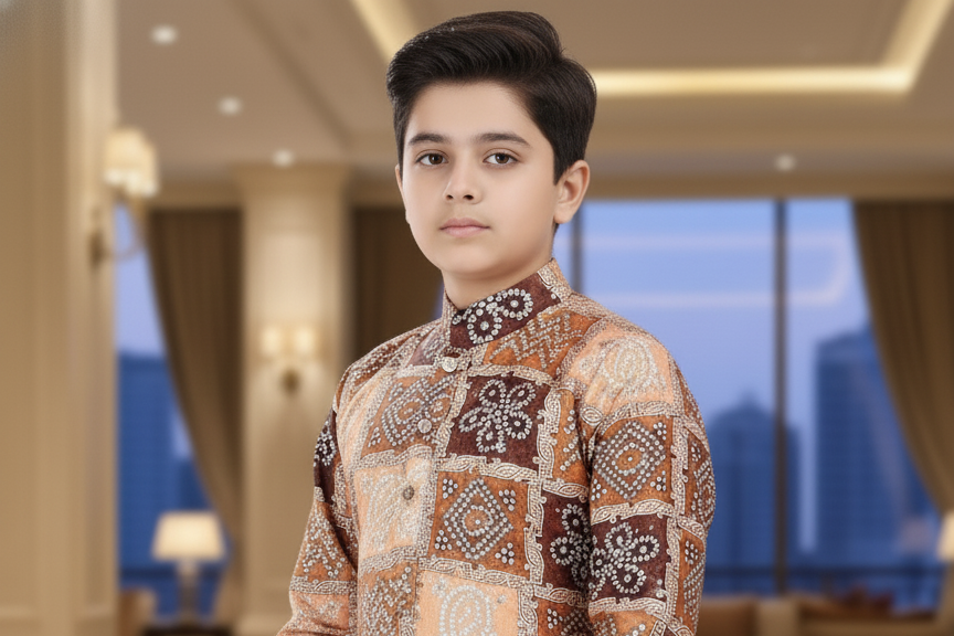 Boys' Luxurious Patchwork Print Kurta Pajama Set | 0210