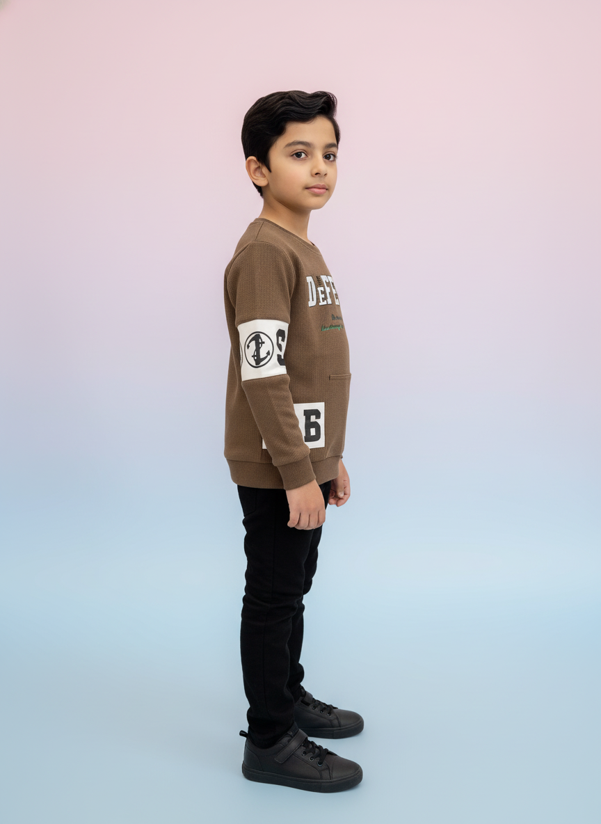 Boys' Brown Graphic Ribbed Sweatshirt 5086