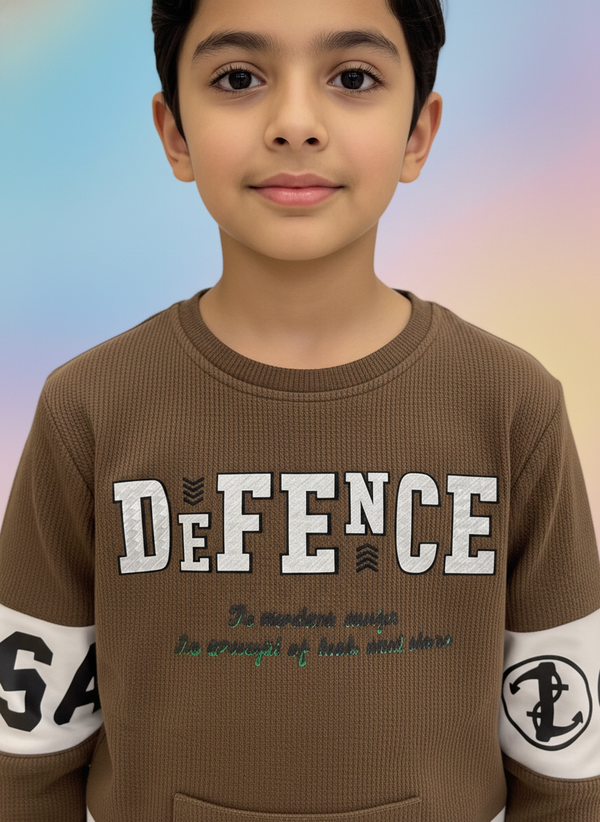 Boys' Brown Graphic Ribbed Sweatshirt 5086