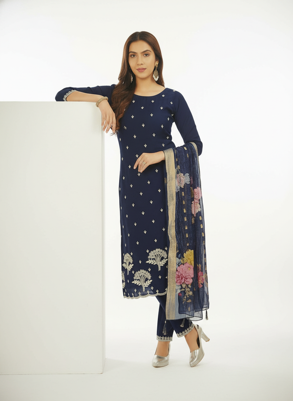 KALINI Floral Printed Straight Kurta With Trousers & Dupatta