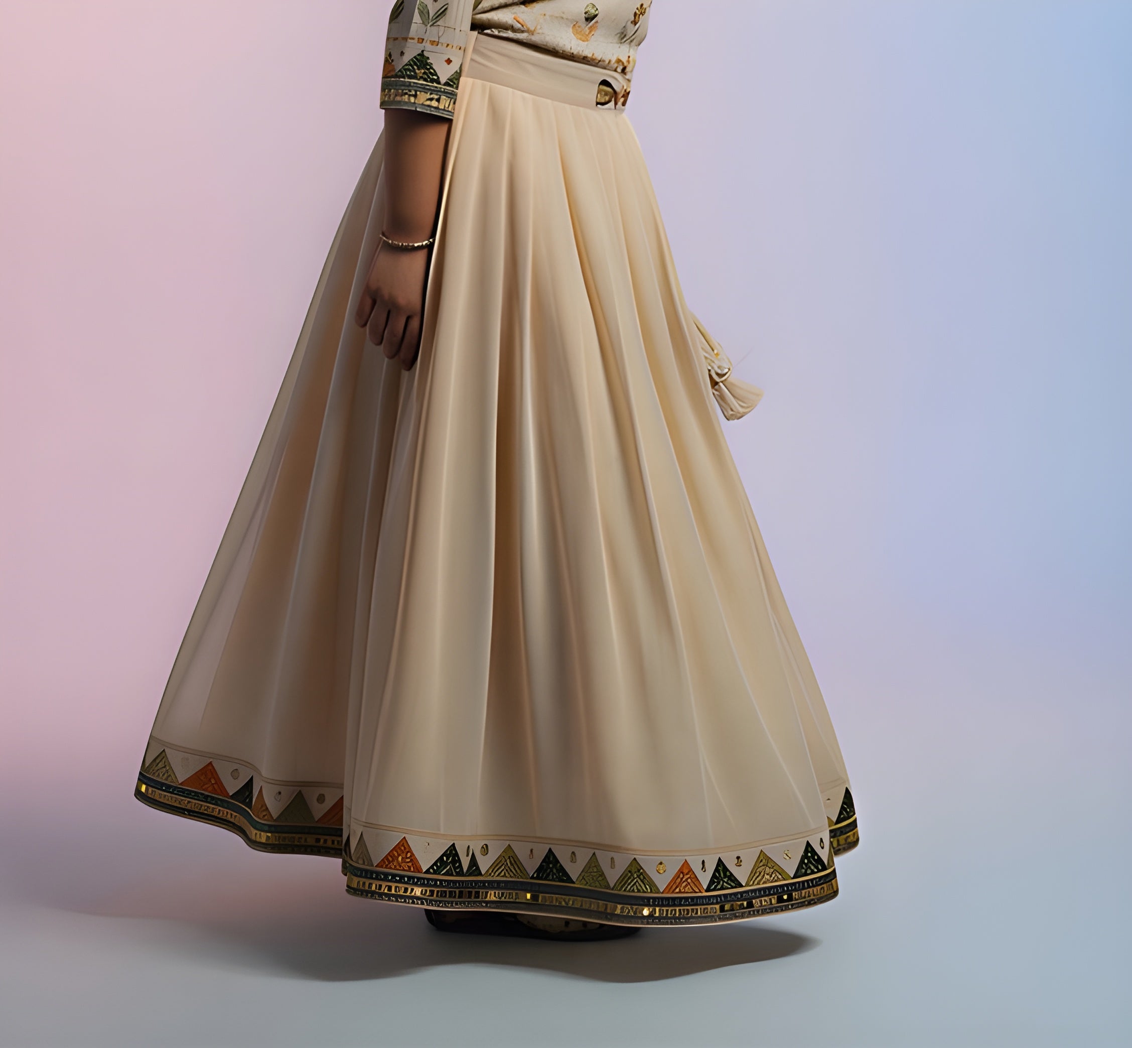 Girls' Silk Blend Embroidered Collared Anarkali Gown with Belt - Ivory/Cream