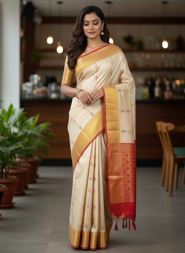 Cream Pure Kancheepuram Silk Saree |AS-0075