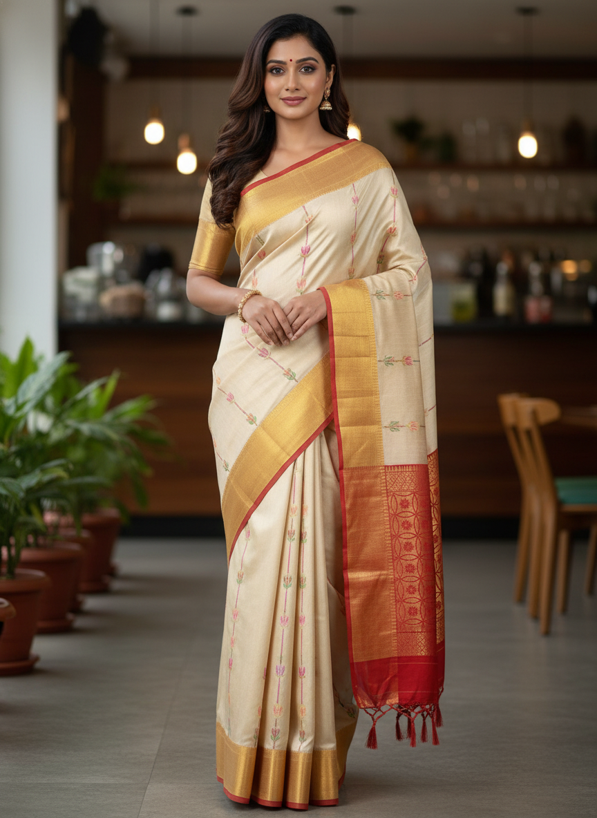 Cream Pure Kancheepuram Silk Saree |AS-0075