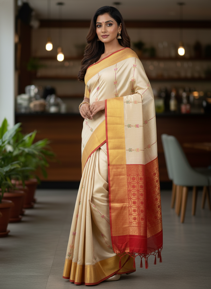 Cream Pure Kancheepuram Silk Saree |AS-0075