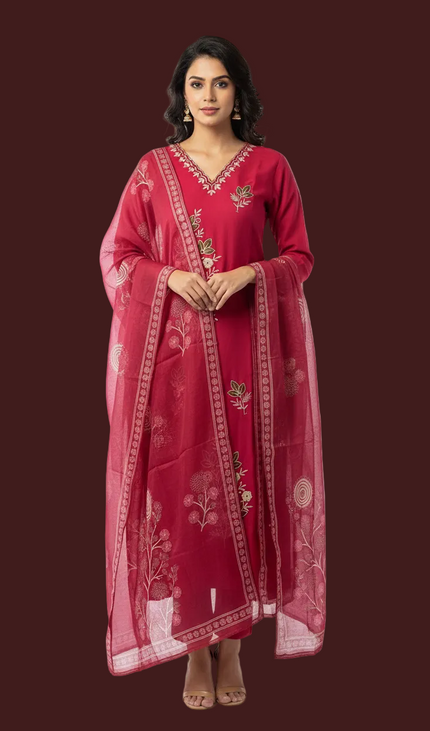 Red Floral Embroidered Kurta Set with Printed Dupatta | SC16_1