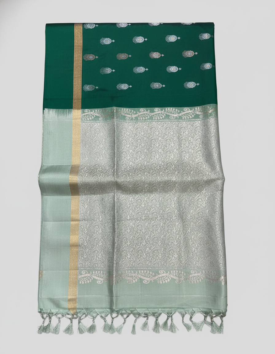 BOTLE Green Handloom Silk Saree with Zari Border|AS-002