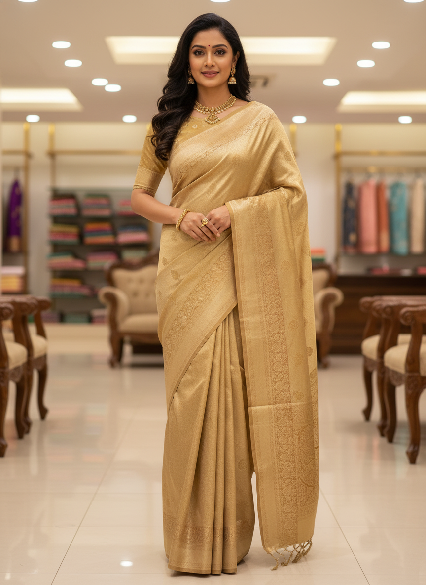 Gold Semi silk Kanchipuram With Butta Design| AS-00140