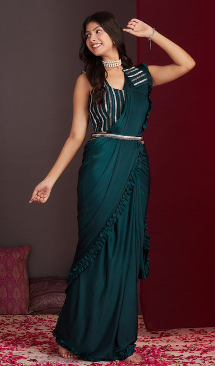 Bottle Green Ready-to-Wear Saree with Stitched Blouse