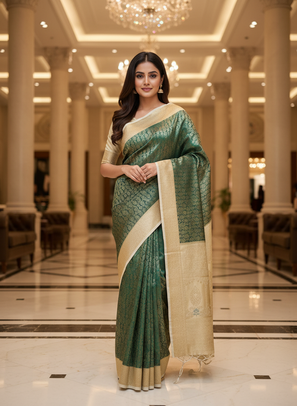 Dark green Kanchipuram Silk Saree With Butta Design| AS-00127