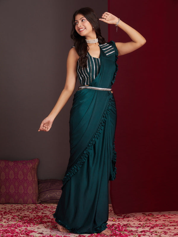 Elegant Dark Green  Ready-to-Wear Saree for Weddings | Instant Festive Drape
