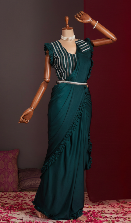 Bottle Green Ready-to-Wear Saree with Stitched Blouse