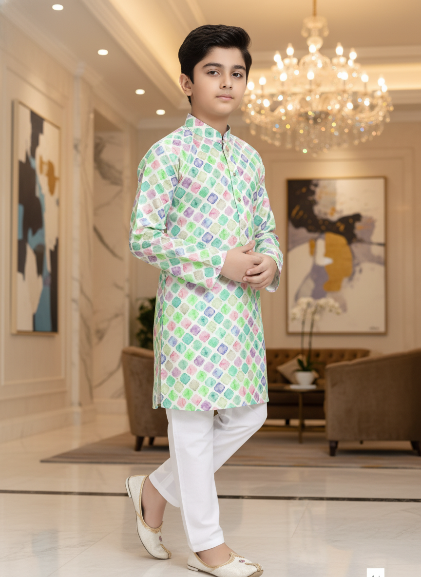 Boys' Multicolored Geometric Print Kurta Pajama Set | Festive Wear |0340